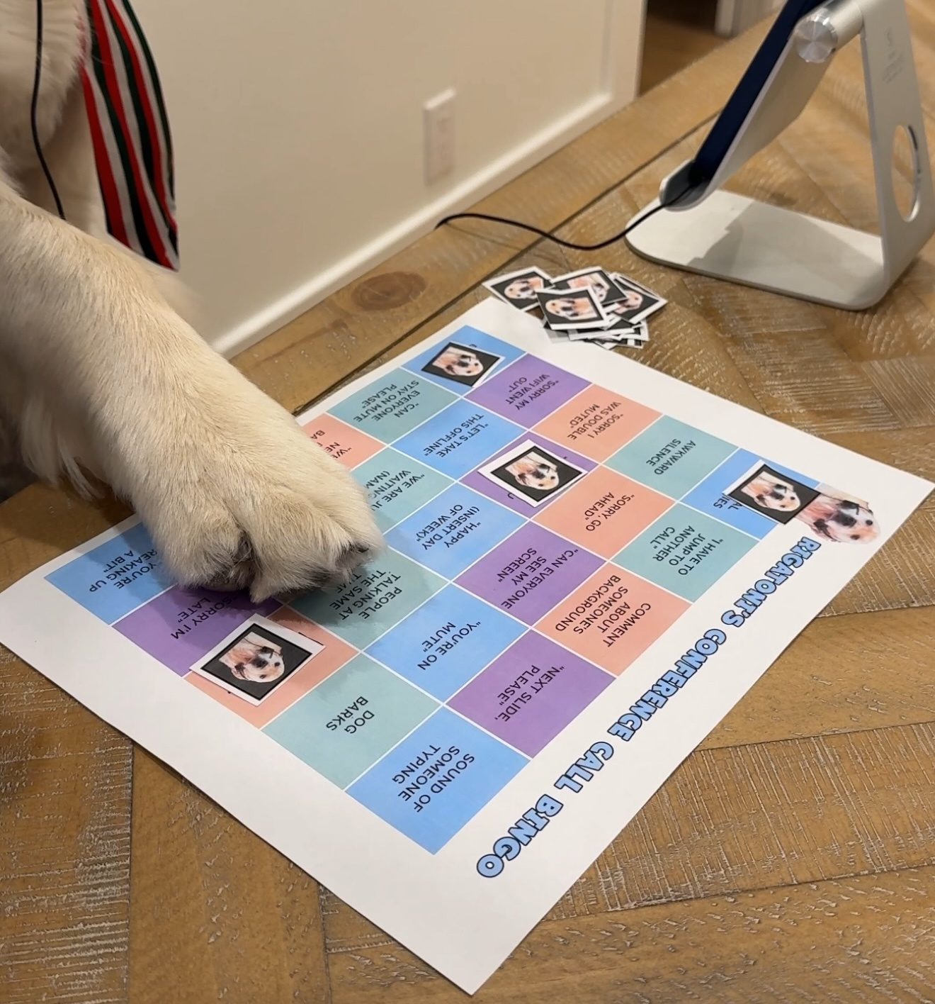 Golden retriever paw pointing at a corporate meeting bingo card